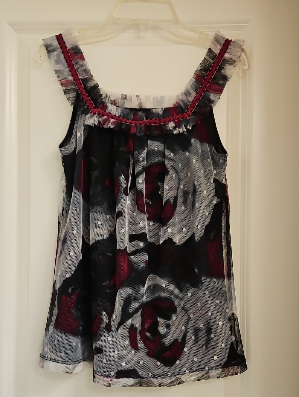 Express Sheer Floral Polka-Dot Camisole in Black and Burgundy